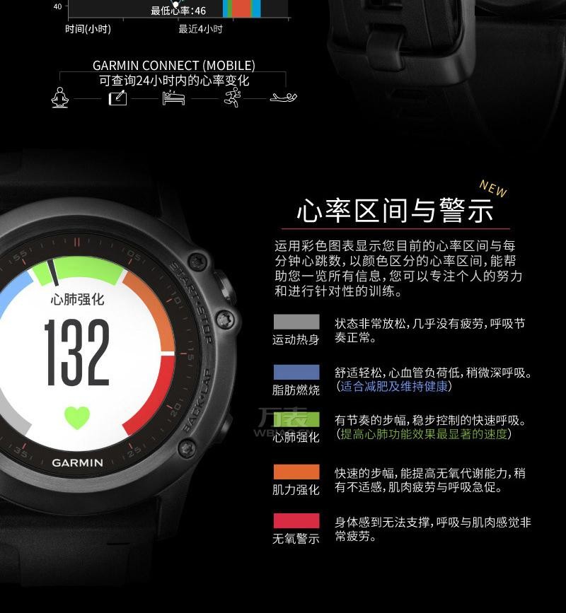 佳明Garmin-vivo系列 Fenix 3 HR 中文玻璃版 多功能GPS户外手表
