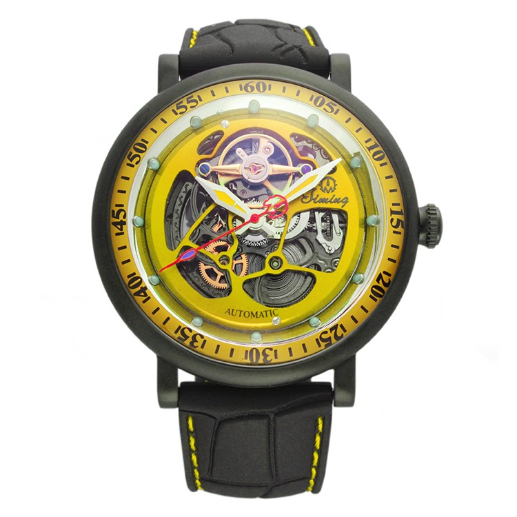 意大利品牌：天铭（Timing）8214SX-A（黄色表壳）镂空机械男表