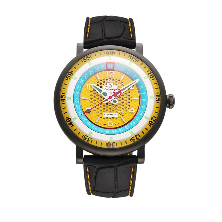 意大利品牌：天铭（Timing）8214SX-C（黑色表圈黄色盘）镂空机械男表