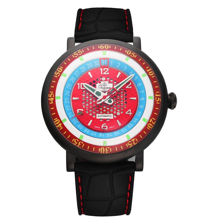 意大利品牌：天铭（Timing）8214SX-C（黑色表圈红色盘）镂空机械男表