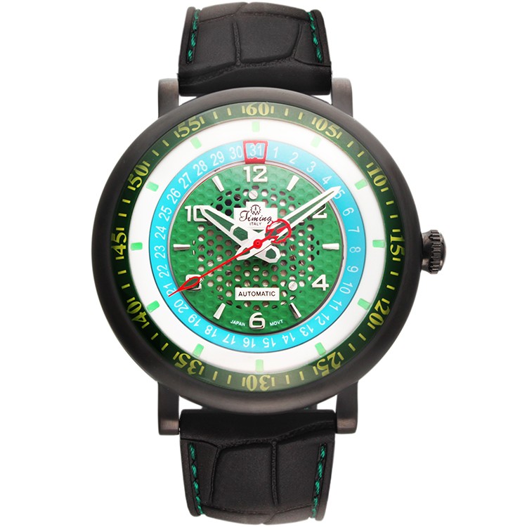 意大利品牌：天铭（Timing）8214SX-C（黑色表圈绿色盘）镂空机械男表