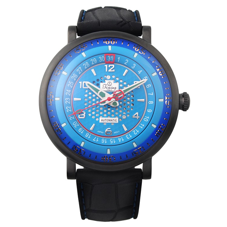 意大利品牌：天铭（Timing）8214SX-C（黑色表圈蓝色盘）镂空机械男表