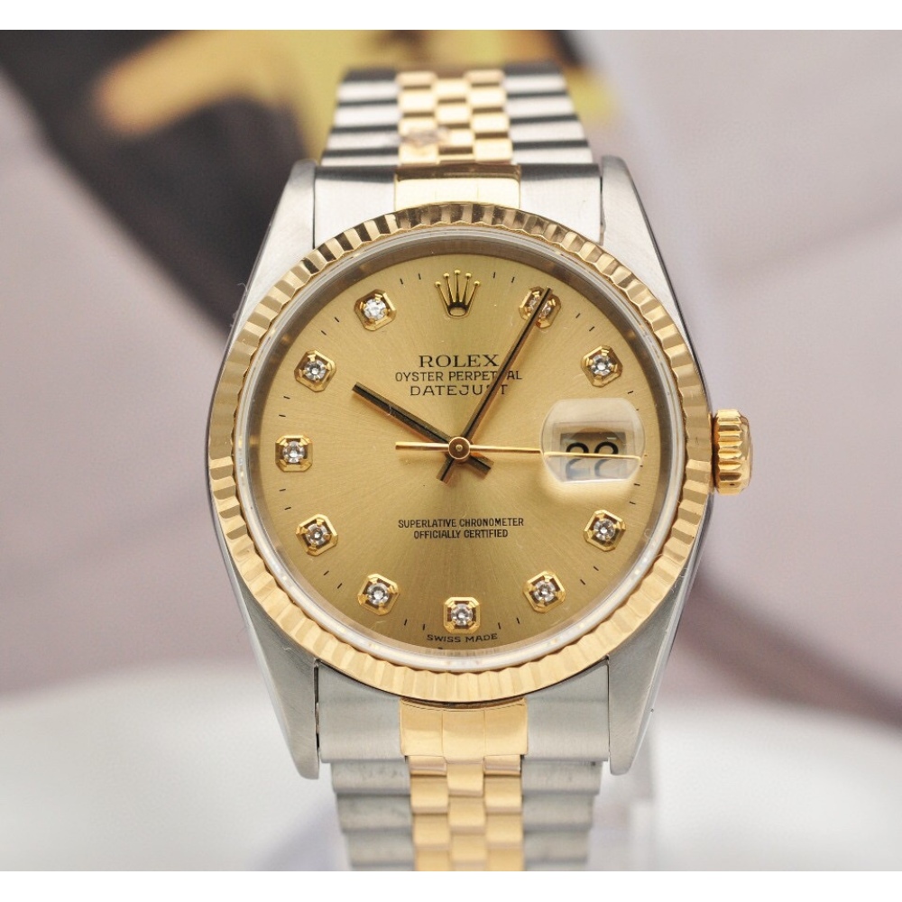 二手95新劳力士16233镶钻18k间金机械手表价格,值多少钱?