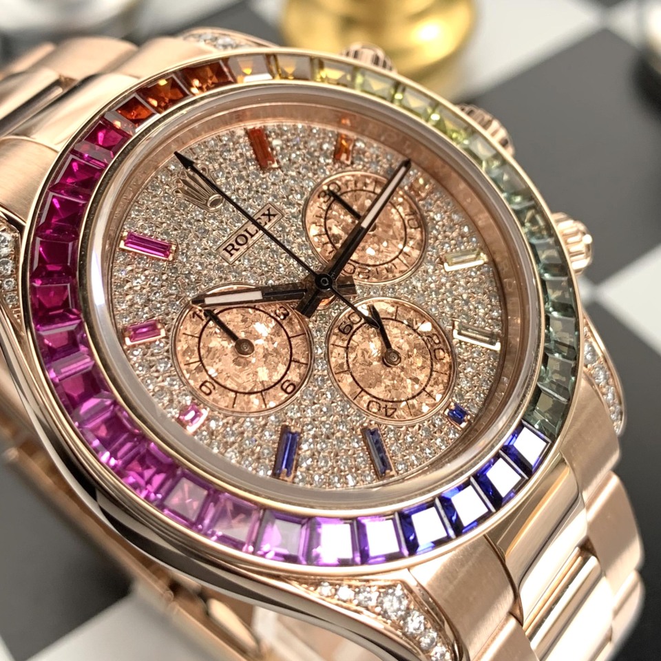 二手95新劳力士116505后镶彩虹t方钻手表价格,值多少钱?